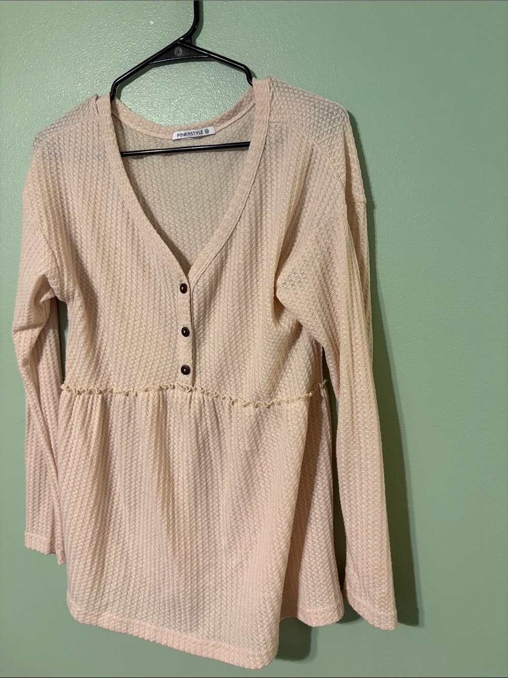 Pinkish Cream Waffle Knit V-Neck Long Sleeve Top by